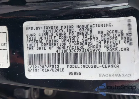 2003 Toyota Camry Le from USA, damaged, VIN 4T1BE32K73U191970